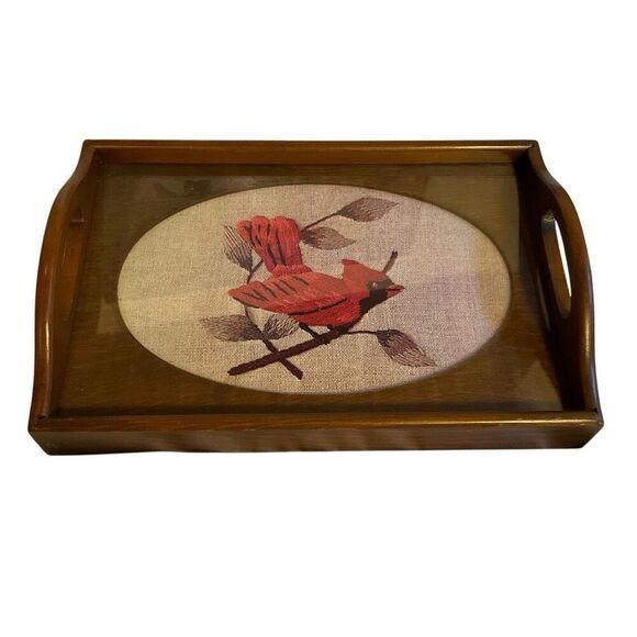 Vintage Cardinal Glass Topped Wood Needlepoint Tray with Handles by Three Mounta - Picture 2 of 11